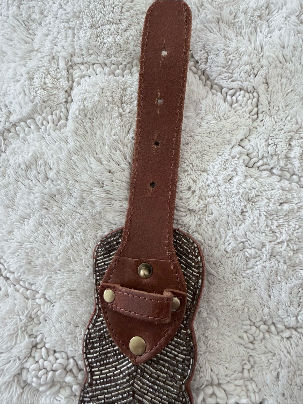 Anthropologie Scalloped Brown Leather Beaded Waist Belt with Brass Ring size M - Picture 5 of 8